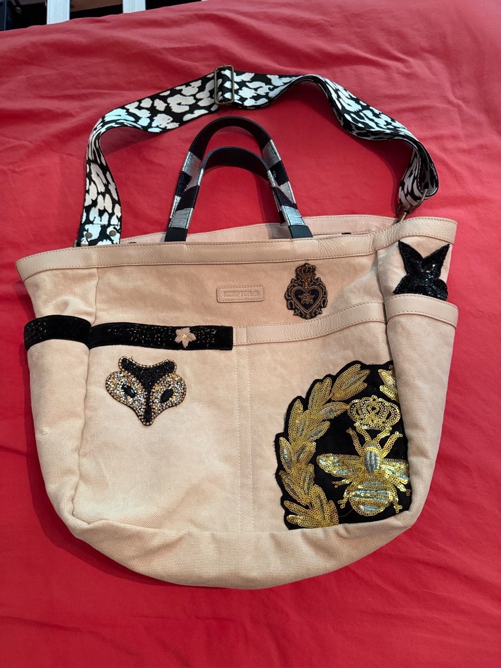 Embroidered Beige Tote with Gold Sequin Bee and Animal Motif
